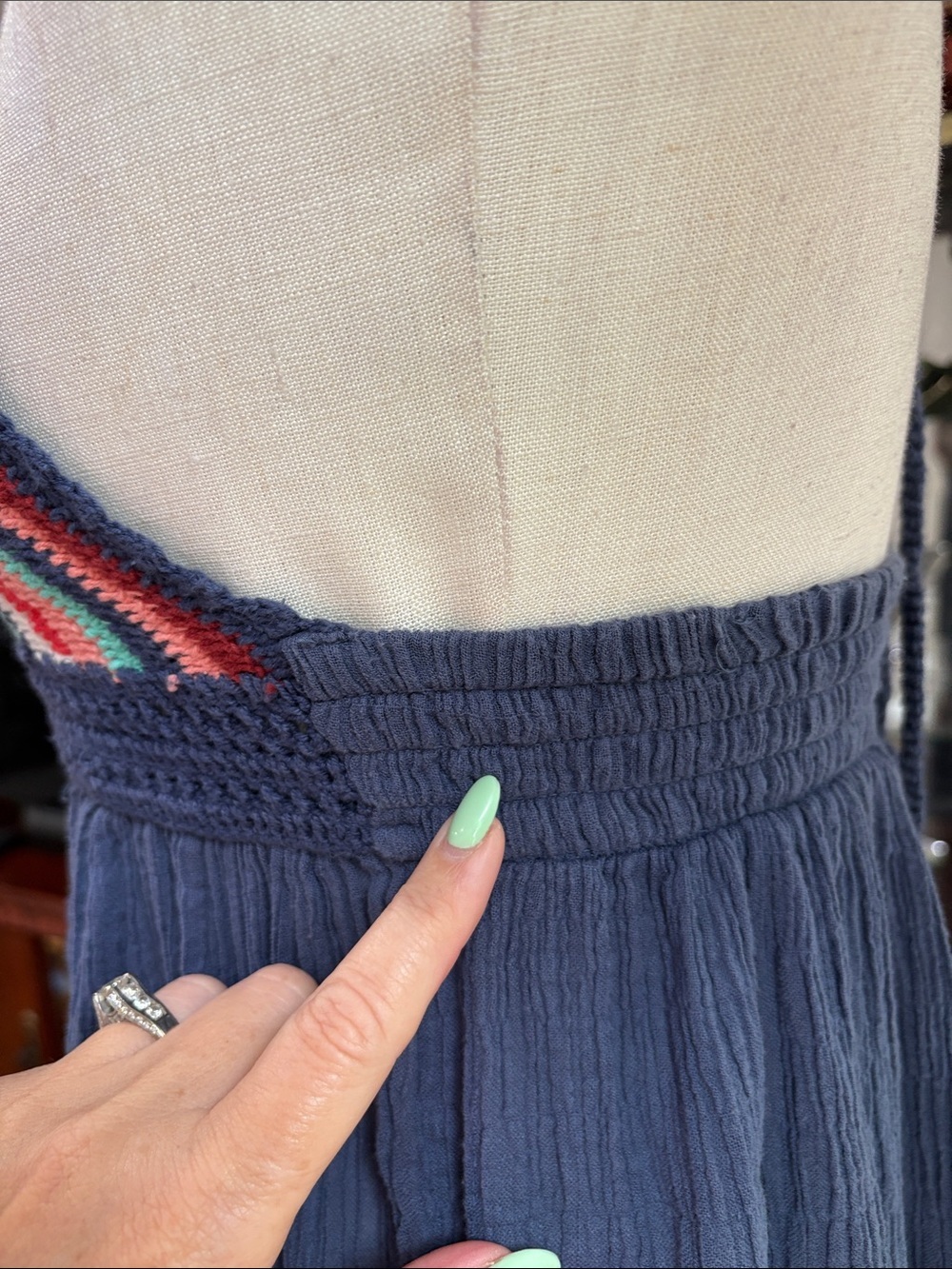 aerie rainbow crochet halter Maxi gauze navy boho sundress cotton XS / S - Picture 6 of 10